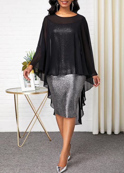 Round Neck Faux Two Piece Poncho Dress | Rotita.com - USD $34.63 Midi Elegant Dress, Women Attire, Lace Poncho, Poncho Dress, Latest Dress For Women, Black Poncho, Dresses Club, Fall Fashions, Round Neck Dress