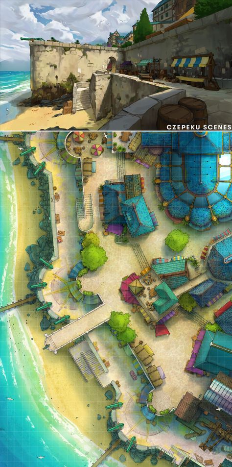 What are your plans for the day at the beach town? Town Battlemap, Dnd Town, Cinematic Scene, Haunted Towns, Sky Day, Dnd Ideas, Dnd Maps, Rpg Maps, Rpg Map