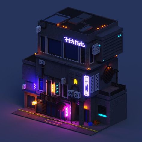 Cyberpunk Building Design, 3d Isometric Design, Cyberpunk Building, Sci Fi Building, Rumah Minecraft Sederhana, Blender Ideas, Voxel Art, 3d Building Design, Building Concept