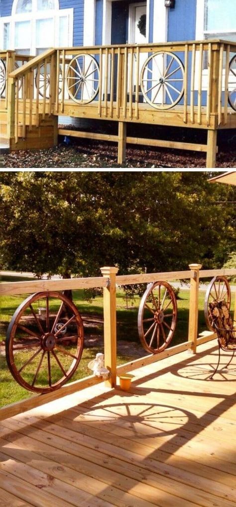 Wagon wheel porch railing Wagon Wheel Railing, Wagon Wheel Fence Ideas, Wagon Wheel Gate, Wagon Wheel Porch Railing, Rustic Porch Railing Ideas, Simple Porch Railing, Porch Railing Ideas Diy Cheap, Wagon Wheel Fence, Diy Porch Railing