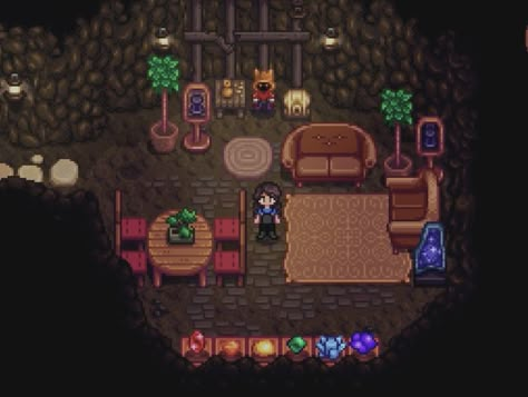 cute little way to spice up the dwarfs little cave in stardew!! Stardew Valley Fruit Bat Cave Ideas, Stardew Valley Fruit Bat Cave Design, Fruit Bat Cave Stardew, Stardew Valley Spooky Farm, Bat Cave Stardew Valley, Stardew Fruit Bat Cave, Stardew Valley Cave Decoration, Stardew Valley Bat Cave, Stardew Mushroom Cave