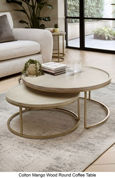 Solid mango wood furniture in a light wash finish, featuring a champagne gold effect metalwork frame Funky Coffee Tables, Round Coffee Table Styling, Round Coffee Table Decor, Coffee Table Arrangements, Round Coffee Table Living Room, Circle Coffee Tables, Mango Wood Coffee Table, Center Table Living Room, Coffee Table Centerpieces