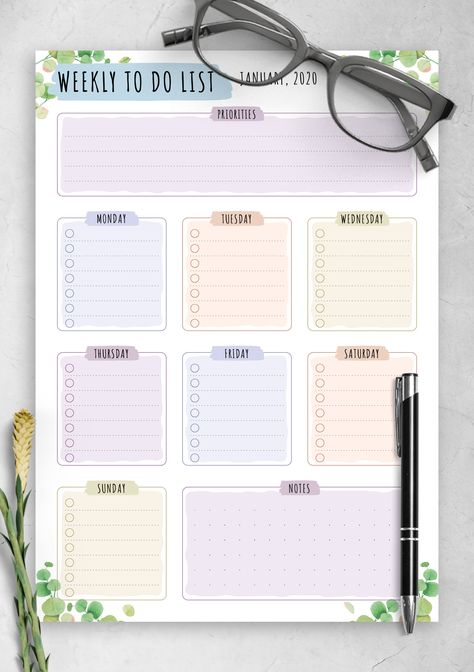 To Do list with the weekly format featuring daily to-do lists, notes and priorities sections. The template comes in a floral style featuring a wonderful color palette. Download PDF and become productive - today. | Sections: To Do Lists Printable / Printable Planner / Daily Planner Pages / Schedule Templates / Daily Planners. #printable #planner #daily #to #do #onplanners Weekly To Do List Template, Free To Do List, Day Planner Template, To Do List Template, Travel Planner Template, Weekly To Do List, Study Planner Printable, To Do List Printable, طابع بريدي