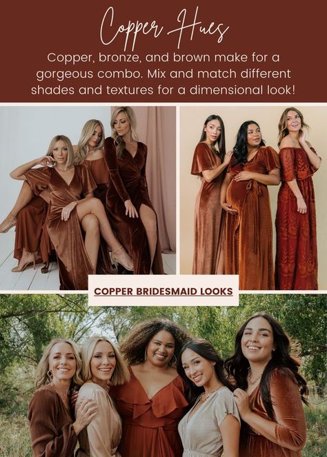 Copper Cinnamon Bronze Brown Bridesmaid Dresses Rust Color Palette Bridesmaid Dresses, Brown Copper Bridesmaid Dress, Shades Of Copper Bridesmaid Dresses, Brown Shades Wedding Theme, Cinnamon Dress Wedding, Bronze Bridesmaid Dresses Copper, Copper Dress Outfit Wedding, Shades Of Brown Bridesmaid Dresses, Copper Bridesmaids Dresses