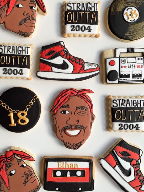 2Pac Cookies 2pac Birthday Party Ideas, 2pac Party Theme, 2pac Cake, Tupac Themed Birthday Party, Snoop Dogg Chocolate Chip Cookies, Tupac Cake, 2pac Birthday, Hygienic Food, Mens Birthday Party