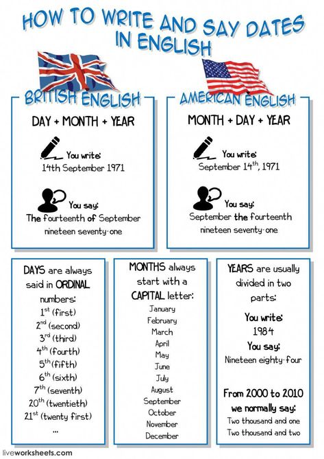 Days and dates interactive and downloadable worksheet. You can do the exercises online or download the worksheet as pdf. #apprendreanglais,apprendreanglaisenfant,anglaisfacile,coursanglais,parleranglais,apprendreanglaisfacile,leconanglais,apprentissageanglais,formationanglais,methodeanglais,communiqueranglais Days In English, English Is Easy, British Vs American, British And American English, English Day, Easy English, English Exercises, English Worksheet, Educational Infographic