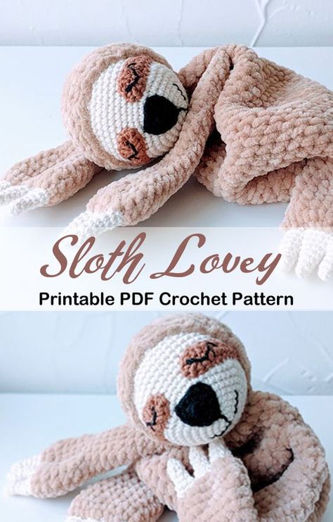 Lovey Blanket Crochet, Amigurumi Sloth, Baby Lovey Blanket, Crochet Lovey Free Pattern, Crochet Baby Projects, Lovey Crochet, Crochet Sloth, Lovey Pattern, Crochet Lovey