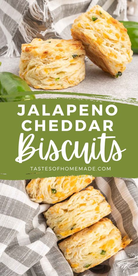 These tender, flaky biscuits are filled with cheddar cheese and spicy jalapeno peppers. They are the perfect compliment to a bowl of soup or chili. Split these delicious biscuits open and slather with butter, or get creative and use them for mini sandwiches or breakfast sliders. They are quick, easy, and ready in about 30 minutes. Cheddar And Jalapeno Biscuits, Jalapeno Cheddar Biscuits Easy, Jalapeños Cheddar Biscuits, Bacon Cheddar Jalapeño Biscuits, Whataburger Jalapeno Cheddar Biscuits Recipe, Jalapeno Cheese Biscuits, Cheddar And Jalapeno Bread, Cheddar Biscuits From Scratch, Cheddar Tea Biscuits