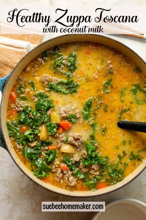 Healthy Zuppa Toscana is a healthier spin on the well-known Olive Garden version of this soup. This recipe includes some lean ground turkey in addition to Italian sausage as well as coconut milk instead of heavy cream. Zuppa Toscana With Coconut Milk, Turkey Zuppa Toscana Soup, Ground Turkey Zuppa Toscana, Turkey Tuscan Soup, Soup With Ground Turkey Meat, Cheap Healthy Soup, Soup Using Ground Turkey, Healthy Ground Turkey Soup, Ground Turkey Soup Recipes Healthy