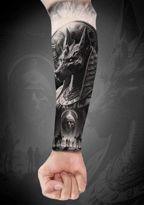 Hand Tattoos Men, Anubis Tattoo Design, Tattoo Pierna Hombre, Egypt Tattoo Design, Samurai Tattoo Sleeve, Gladiator Tattoo, Egyptian Tattoo Sleeve, Anubis Tattoo, Tattoos Men