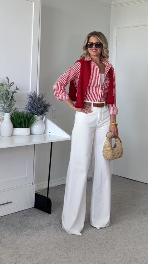 Women's High Rise Wide Leg Jean curated on LTK Red Outfit Women Casual, Red White Outfits For Women, Red And White Shirt Outfit, 2024 Looks Women, Red And White Casual Outfit, Work Outfits Colorful, White Bottoms Outfit, Red And White Outfit Classy, Red And White Outfit Ideas