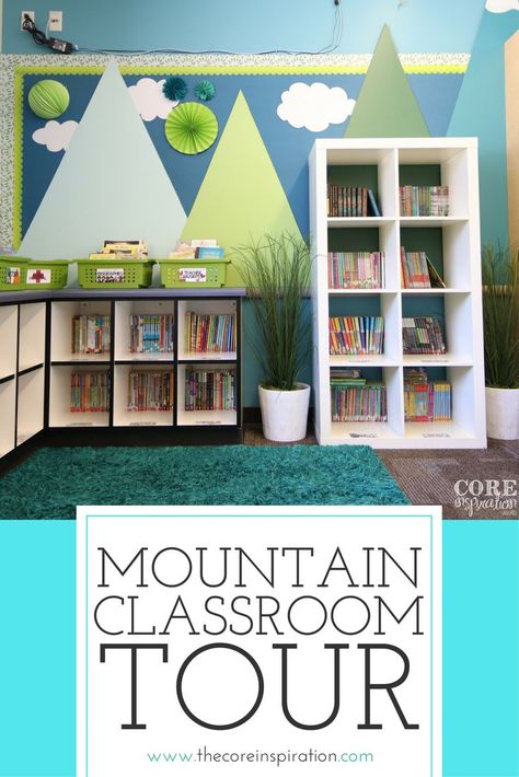 This mountain themed classroom is such an inspiration for creating a calm learning environment. My students are surrounded by the colors of nature, and the feeling is so fresh and bright. Perfect classroom setup for self-directed learning, flexible seatin Mountain Themed Classroom, Mountain Classroom, Camping Classroom, Camping Theme Classroom, Diy Classroom Decorations, Classroom Tour, Classroom Layout, Elementary Classroom Decor, Colors Of Nature