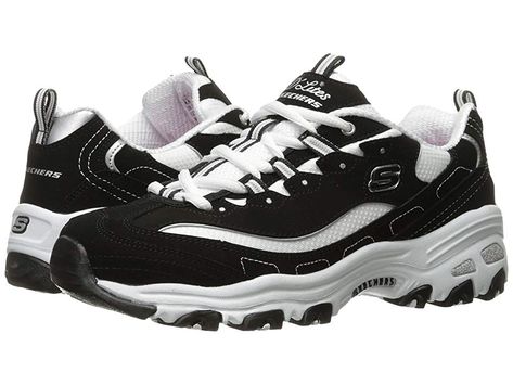 SKECHERS D'Lites - Biggest Fan (Black/White) Women's  Shoes. Classic design and lasting comfort is exactly what you'll find in the SKECHERS D'Lites Biggest Fan athletic-inspired sneaker. Smooth trubuck synthetic nubuck uppers with breathable mesh inserts. Lace-up closure. Hardy toe and heel bumpers. Plush tongue and collar. Breathable mesh lining offers a great in-shoe feel. Memory Foam insole supplies underfoot comfort. Light #SKECHERS #Shoes #Athletic #Casual #Black Skechers D'lites, Skechers Shoes Women, Sketchers Shoes, Skechers D Lites, White Shoes Sneakers, Black And White Shoes, Black Shoes Women, White Shoes Women, Rubber Shoes