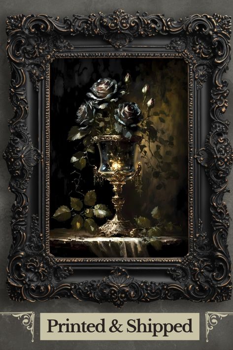 Indulge in the eerie allure of our gothic vintage wall art print. A captivating still life composition features black roses cradled in a goblet, exuding an aura of mystery and sophistication. Perfect for dark academia or goblincore decor, this piece adds a touch of whimsigoth charm to any space. Embrace the darkness. 🥀✨ Dark Vintage Painting, Black Rose Wall, Goblincore Decor, Dark Room Decor, Still Life Composition, Gothic Dark Academia, Wall Art Dark Academia, Dark Academia Prints, Dark Academia Art