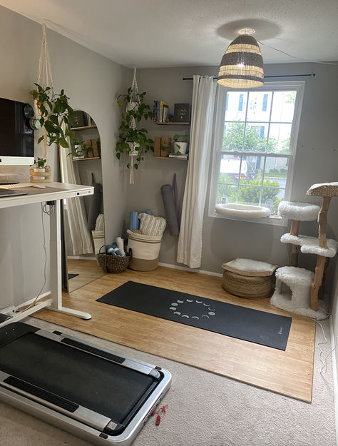 I wanted to create an office space where I could both work and workout. I love my standing desk and walking pad but wanted a space where I could stretch, strength train and practice yoga. Of course I had to make it Kikko friendly, so I added a cat tree & perch so she can be always keep a watchful eye :) Craft And Workout Room Ideas, Yoga Space In Basement, Workout Room With Carpet, Office With Workout Space, Tiny Yoga Space, Workout Room In Bedroom, Gym Corner In Living Room, Office With Walking Pad, Walking Desk Aesthetic