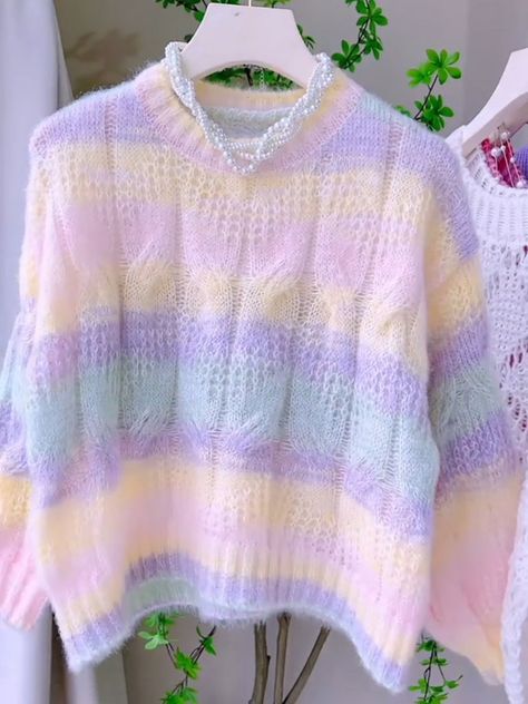 Airy Knit Design Whimsical Stripes Pastel Sweater Cozy Nature, Pastel Sweater, Fuzzy Texture, Soft Lavender, Rainbow Sweater, Pastel Palette, Pastel Stripes, Sunshine Yellow, Sunny Yellow