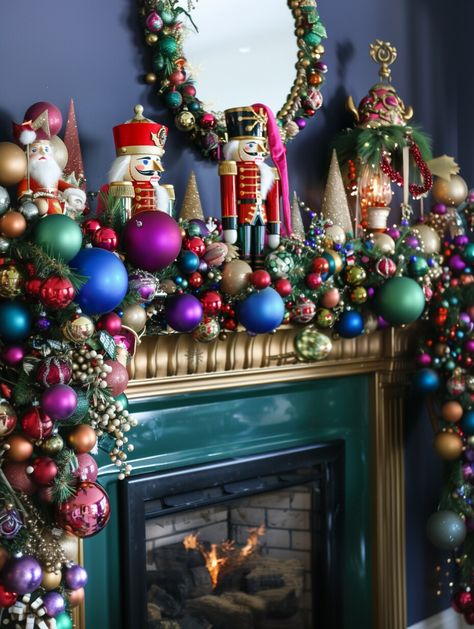 Colorful Christmas Mantle, Xmas Mantel Ideas, Christmas Fireplace Mantel Decor, Christmas Fireplace Mantle, Christmas Mantel Decorating Ideas, Christmas Mantel Ideas, Christmas Fireplaces, Christmas Garland Mantle, Christmas Fireplace Mantels