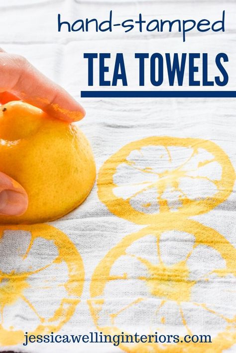 Stamp On Fabric Diy, Diy Printed Tea Towels, Fruit Stamped Tea Towels, Hand Painted Tea Towels Diy, Tea Towel Printing Diy, Stamped Napkins Diy, Block Print Dish Towel, Flour Sack Dish Towels Diy, Tea Towel Stamping Diy