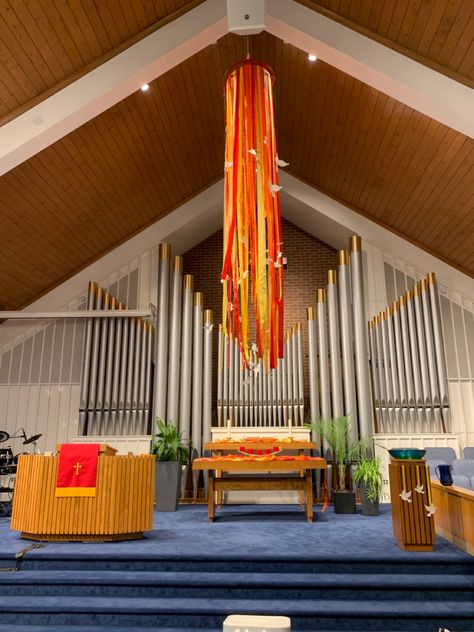 Pentecost Sunday, Prayer Station, Worship Art, Church Banners, Pentecost, Ribbon On Christmas Tree, Church Flowers, Church Decor, Stage Design