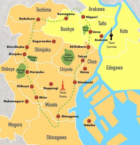 Where is the Best Place to Stay in Tokyo? | japanistry.com Yamanote Line, Tokyo Map, Ueno Park, Yoyogi Park, Land Of The Rising Sun, Japan Map, Shinjuku Tokyo, Tokyo Japan Travel, Area Map