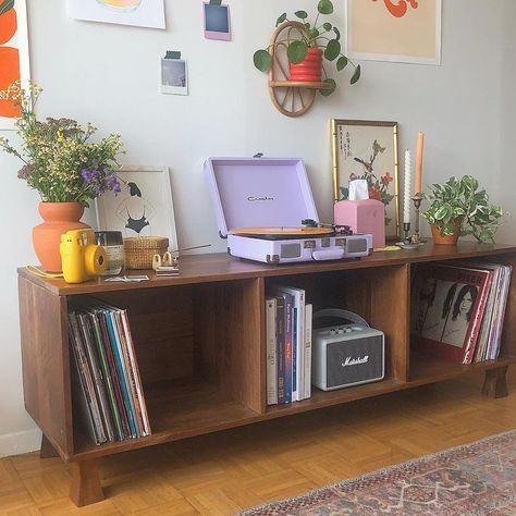 @urbanoutfittershome 🥰 Purple Record Player, Aesthetic Shelving, Room With Vinyl, Vintage Turntable, Suitcase Record Player, Room Pieces, Vinyl Turntable, Record Shelf, 70s House