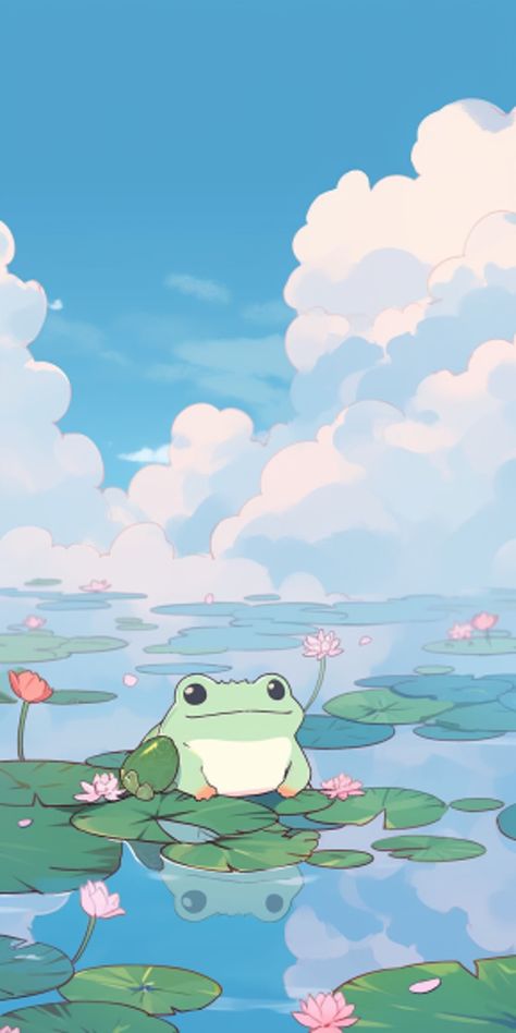 Spring Aesthetic Cartoon, Turtle Duck Wallpaper, Bluey Lockscreens, Summer Cat Wallpaper, Cute Phone Lockscreens, Froggy Background, Spring Aesthetic Drawing, Spring Ipad Wallpaper, Frog Iphone Wallpaper