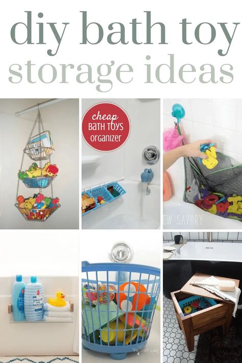 Hate all of the bath toys on the floor of your bathtub? Get creative with one of these DIY bath toy storage ideas! From hanging baskets to make wooden stools with storage, there's something for everyone. Even some budget friendly Dollar Tree bath toy storage ideas! Shower Toys Organization, Small Bathroom Toy Storage, Bath Toys Storage Ideas, How To Store Bath Toys, Bathroom Toys Organization, Shower Toy Storage, Tub Toy Storage Ideas, Bath Tub Storage Ideas, Diy Bath Toy Storage