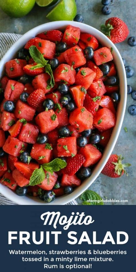 Recipe With Watermelon, Watermelon Mint Salad, Salad Watermelon, Watermelon Fruit Salad, Mint Dressing, Watermelon Salad Recipes, Easy Fruit Salad Recipes, Best Fruit Salad, Strawberries And Blueberries