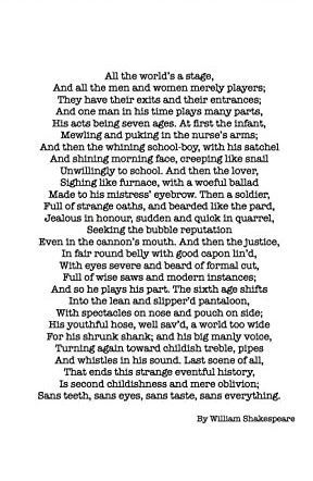 The famous monologue beginning all the world's a stage from William Shakespeare's As You Like It, spoken by the melancholy Jaques in Act II Scene VII. Famous Monologues, Theatre Monologues, Shakespeare Monologue, Comedic Monologues, Ages Of Man, Drama Class, As You Like It, Painting Series, Shakespeare Plays