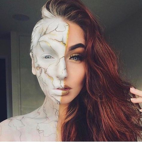 Marble Queen  marble make-up. Half marble face. Marble and gold. White gold face paint, face art. Horror Smink, Fantasy Make-up, Marble Queen, Halloweenský Makeup, Halloween Make-up Looks, Drag Make-up, Special Fx Makeup, Theatrical Makeup, Cool Makeup Looks