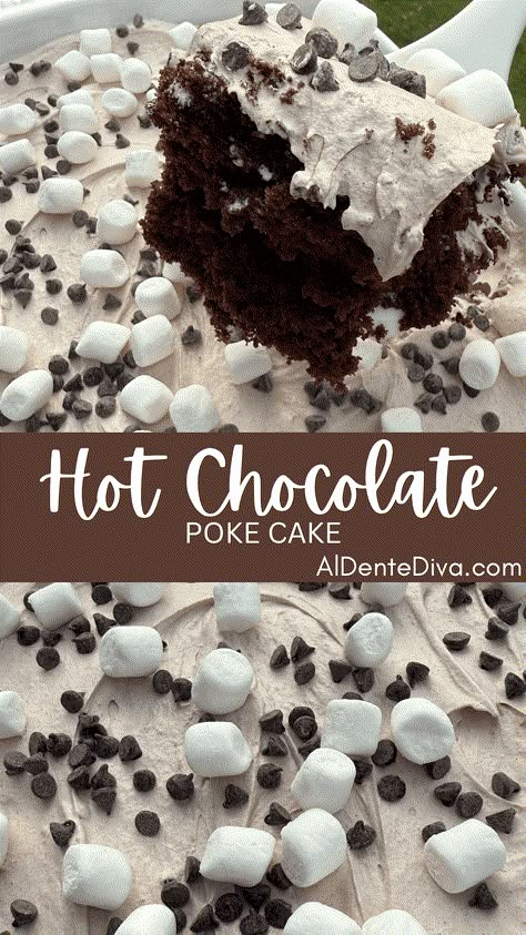 Hot Chocolate Poke Cake Hot Desserts Winter, Kid Christmas Desserts, Hot Chocolate Dessert Recipes, Hot Cocoa Cake Recipe, Christmas Snack Recipes, Graduation Party Treats, Hot Chocolate Desserts, Marshmallow Topping, Hot Fudge Cake