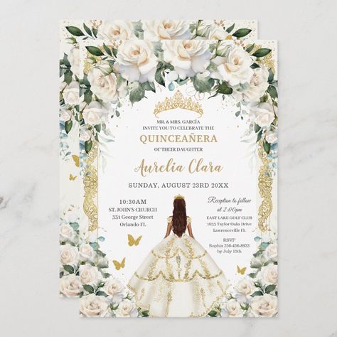 Rose Gold Princess, Ros Gold, 16th Birthday Invitations, Quinceanera Ideas, Champagne Dress, Blush Pink Dresses, Vintage Rose Gold, Acrylic Invitations, Ivory Roses