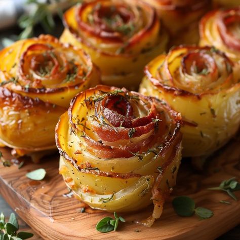 Bacon Potato Roses Non Traditional Thanksgiving Side Dishes, Flower Potatoes With Bacon, Potato Rolls With Bacon, Bacon Potato Onion Roses, Potato Rosettes, Cheese And Bacon Potato Rounds, Bacon Cheese Potatoes Oven, How To Make Bacon Roses, Potato Roses Wrapped In Bacon