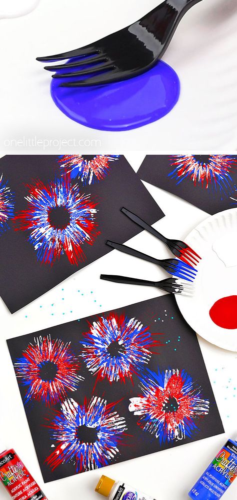 Fork Painted Fireworks 4july Crafts For Kids, Fork Painted Fireworks, Firework Projects For Kids, Forth Of July Arts And Crafts, New Years Childrens Crafts, 4th Of July Craft Preschoolers, July 4 Crafts For Kindergarten, Fireworks Crafts For Preschool, Fork Firework Painting