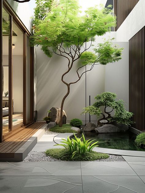 Japandi Front Yard, Japanese Courtyard Garden Small Spaces, Small Interior Garden, Modern Japanese Garden Landscapes, Small Japanese Garden Ideas, Japandi Garden, Queen Box Spring, Japanese Home Garden, Zen Garden Backyard