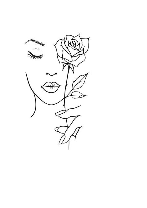 Lady With Flowers Drawing, Rose Lady Tattoo, Line Art Tattoo Woman, Line Art Tattoo Woman Face, Tattoo Woman Face, Lady Face Tattoo, Wing Tattoo Men, Line Art Tattoo, Face Outline