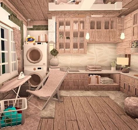 Aesthetic Bloxburg Laundry Room, Bloxburg Laundry Room Ideas 2x2, Bloxburg House Ideas 3 Story, Bloxburg Interior Design, Bloxburg Art Room, Bloxburg Summer House Ideas, Bloxburg Laundry Room Ideas, Boho Bloxburg House, Bloxburg Decor