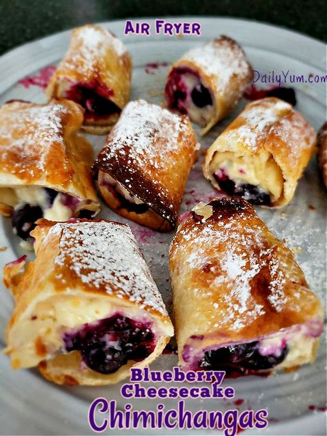 Air Fryer Strawberry Cheesecake Chimichangas, Air Fryer Blueberry Fritters, Blueberry Cream Cheese Tortilla, Cheesecake Tortilla Roll Ups, Air Fryer Nibbles, Airfryer Fruit Recipes, Ninja Air Fryer Baking Recipes, Air Fried Fruit, Air Fryer Cream Cheese Roll Ups