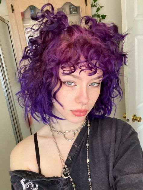 Simple Eye Looks, Hairstyles Goth, Grunge Indie Aesthetic, Curly Purple Hair, Purple Ombre Hair, Dyed Curly Hair, Simple Eye, Dyed Hair Inspiration, Colored Curly Hair