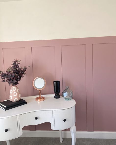 My amazing dressing room with some panelling. Painted in Valspar ‘Dusty Rose’ Pink And Grey Bedroom Panelling, Pink Panelling And Wallpaper, Dressing Room Colour Ideas, Valspar Dusty Rose, Dark Pink Panelling, Pink Nursery Panelling, Dressing Room Panelling, Dusty Pink Panelling Bedroom, Dusty Pink Wall Panelling