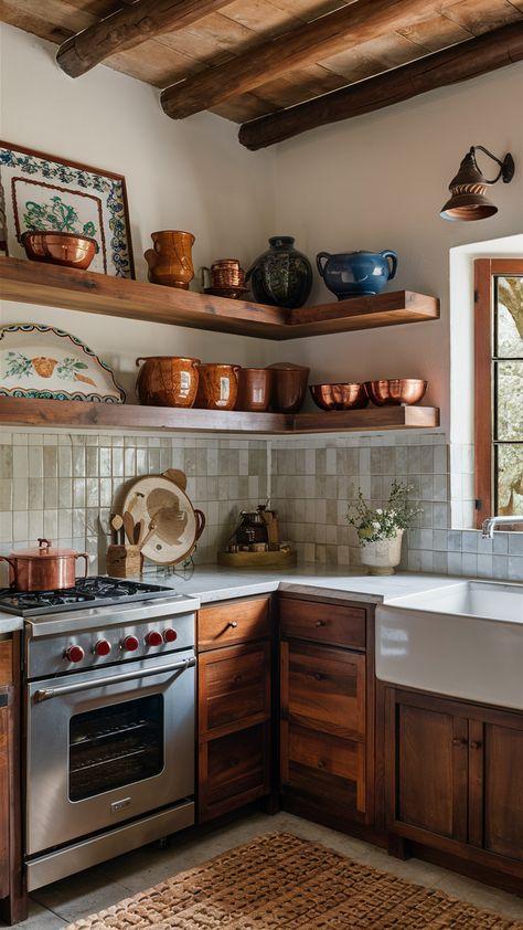 Clay House Interior, Kitchen Ideas Spanish Style, Mexican Rustic Kitchen, Mexican Style Kitchens Modern, Pueblo Style Homes Interior, Kitchen Ideas Open Shelving, California Kitchen Style, Spanish Colonial Modern, Mexican Theme Kitchen