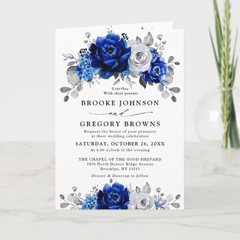 Royal Blue Wedding Invitations, Wedding Invitation Size, Black And White Wedding Invitations, Elegant Bouquet, Royal Blue Wedding, White Wedding Invitations, Wedding Anniversary Invitations, Blue Themed Wedding, Black Wedding Invitations