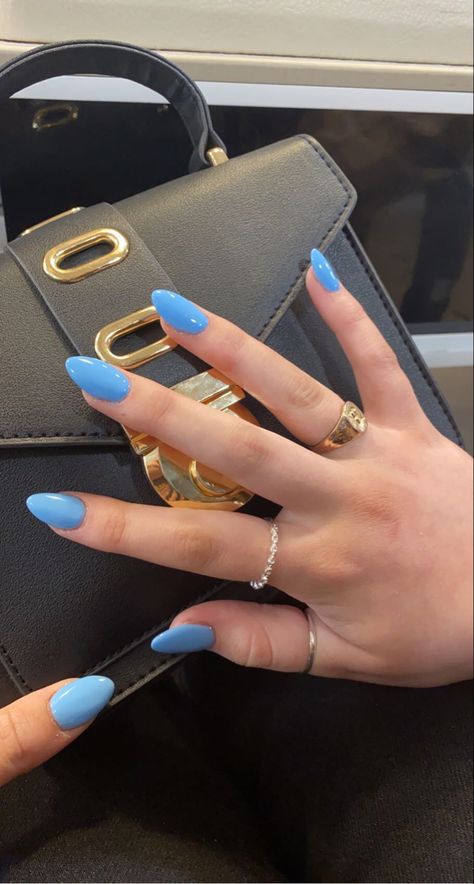 Plain Nail Ideas Acrylic, Nail Colors For Short Nails Summer, Nail Ideas Plain Colors Summer, Malibu Blue Nails, Dark Blue Nails With White Flowers, Solid Color Nails For Summer, Short Acrylic Nails Almond Solid Color, Simple Almond Acrylic Nails One Color, Single Color Summer Nails