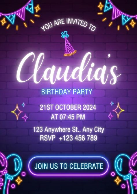 Purple and Blue Neon Birthday Party Invitation - Templates by Canva Neon Birthday Party, 6 Birthday, Neon Birthday, Birthday Party Invitation Templates, Birthday Party 21, Blue Neon, Birthday Party Invitation, You Are Invited, Birthday Party Invitations