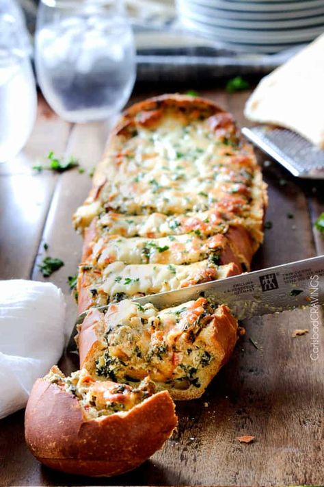 Easy Spinach Dip STUFFED French Bread (+ Video!) Easy Spinach Dip, Stuffed French Bread, Spinach Dip Easy, French Bread Recipe, Best Thanksgiving Recipes, Carlsbad Cravings, Crowd Pleasing Appetizers, Fruit Dip, Spinach Dip