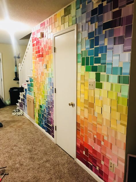 Paint Sample Art Wall Color Swatches, Paint Samples On Wall, Paint Chips Diy, Renting Apartment, Chip Wall, Paint Chip Wall, Chip Ideas, Paint Chip Art, Chip Art