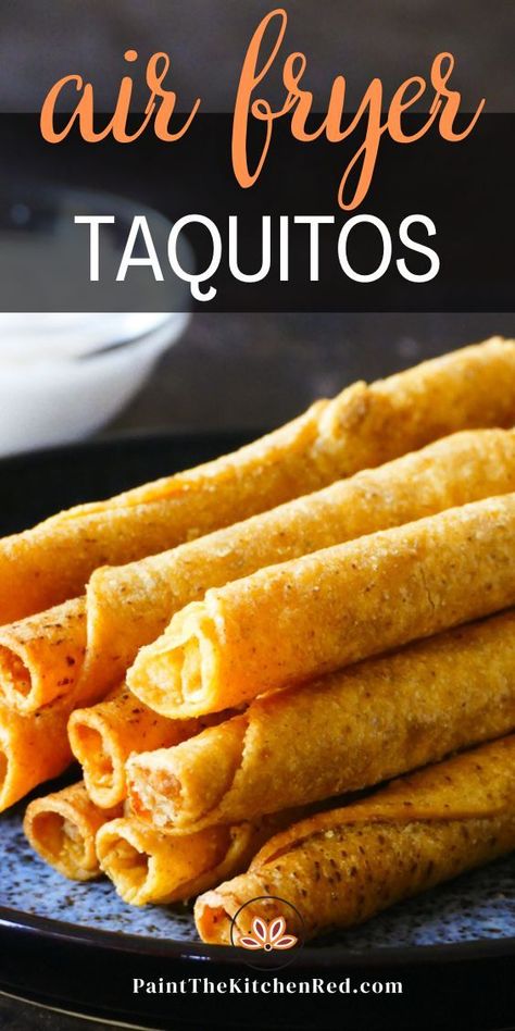 Text of air fryer taquitos with golden rolled tortillas with filling stacked on a blue speckled plate. Crispitos In Air Fryer, Air Fryer Taquitos Chicken, Air Fryer Frozen Taquitos, Frozen Taquitos, Last Minute Appetizer, Taquitos Beef, Costco Chicken, Frozen Rolls, Taquitos Recipe