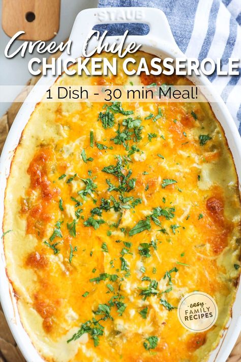 YUM! This Creamy Green Chile Chicken Casserole is comforting, delicious, and the perfect easy casserole recipe for a busy night. Loaded with southwest flavor, this casserole is made easy with shredded rotisserie chicken, green chiles, cream of chicken soup, and simple spices. With just 10 minutes of prep, you can have this 30 min meal in the oven and baking to perfection. This easy family dinner is a crowd pleaser! Chicken Chili Casserole Recipes, Green Chicken Chili Casserole, Chicken Chile Relleno Casserole, Green Chili Chicken Enchiladas Casserole, Chicken Green Chili Casserole, Mexican Chicken Casserole Recipes, Chicken Mexican Casserole, Green Chile Chicken Casserole, Chile Chicken Casserole