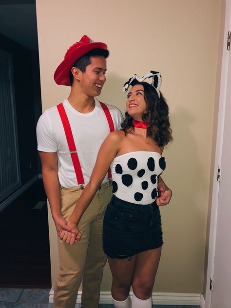 Dalmatian And Fire Fighter Couples Costume, Firefighter And Dog Costume Couple, Fireman And Dalmatian Costume Couple, Dalmatian And Firefighter Costume, Firefighter And Dalmatian Costume Couple, Firefighter Couple Costume, Mens Firefighter Costume, Halloween Couples Costume, Costume Couples