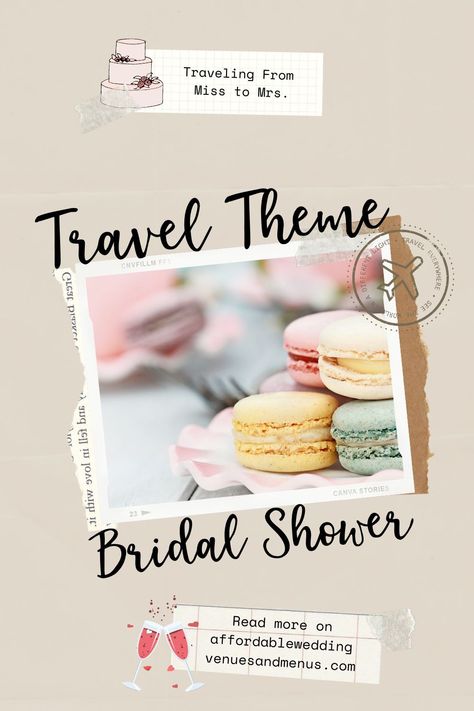 When you’re planning a bridal shower, the first thing to do is choose a theme. If the bride loves travel, it’s a perfect theme. Choose a country that’s special to the couple, or use a travel theme of maps or globes. Or use a travel-centric motto as your theme: Traveling from Miss to Mrs, Love is a Journey, Love is the Greatest Adventure. Choose travel themed bridal shower invitations, decorations, centerpieces, favors and games. Travel Inspired Bridal Shower Ideas, Destination Wedding Shower Ideas, Travel Bridal Shower Food, Travel Wedding Shower Theme, Adventure Bridal Shower Ideas, Honeymoon Bridal Shower Ideas, Around The World Bridal Shower Theme, Love Is A Journey Bridal Shower Theme, Let The Adventure Begin Bridal Shower Theme